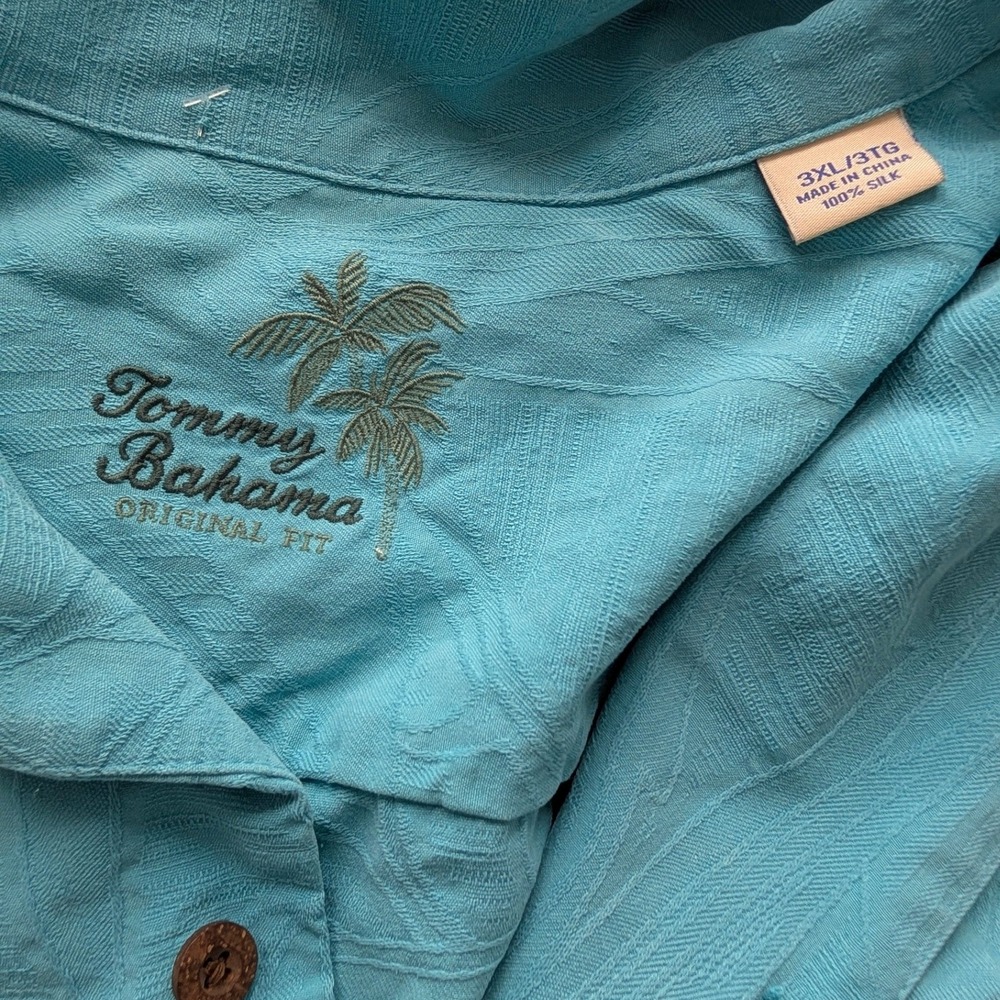 Tommy Bahama Mens 3XL Silk Camp Shirt Turquoise Blue Palm Jacquard Short Sleeve